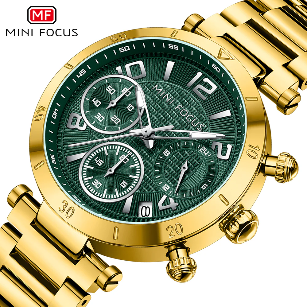 Mini Focus Gold Stainless Steel Green Dial Chronograph Quartz Watch for Ladies - MF0489L-06 - Image 3