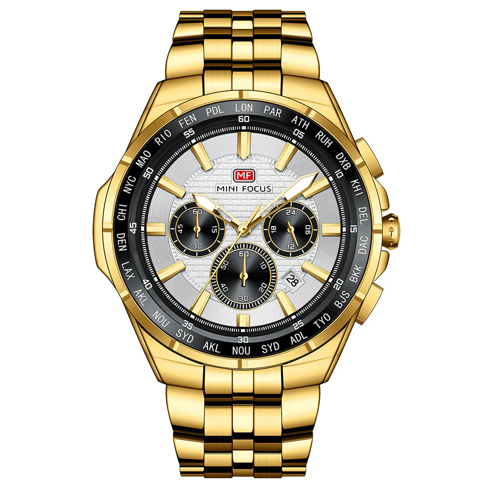 Mini Focus Gold Stainless Steel Silver Dial Chronograph Quartz Watch for Gents - MF0613G-04