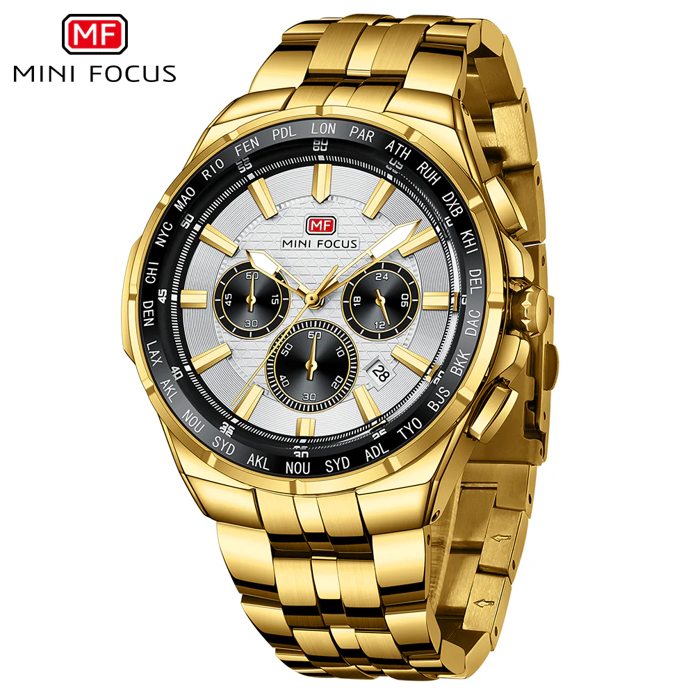 Mini Focus Gold Stainless Steel Silver Dial Chronograph Quartz Watch for Gents - MF0613G-04 - Image 2