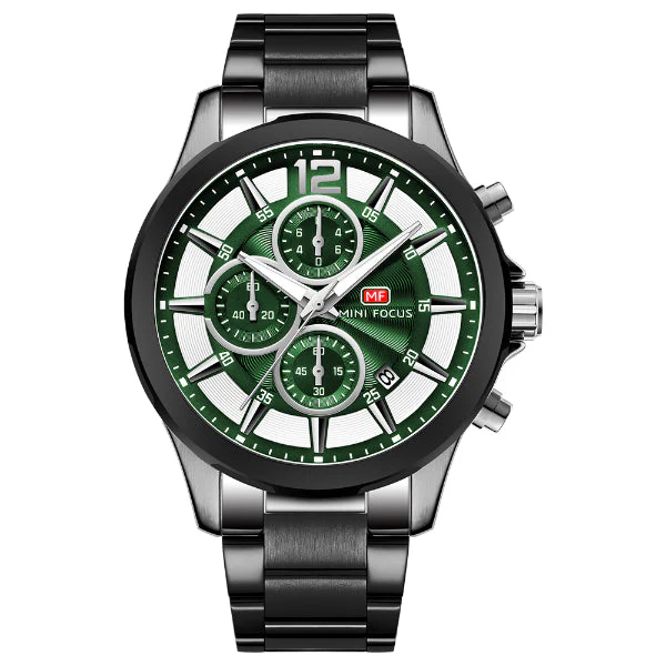 Mini Focus Grey Stainless Steel Green Dial Chronograph Quartz Watch for Gents - MF0237G-03
