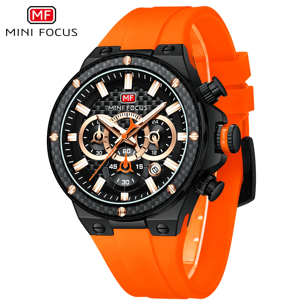 Mini Focus Orange Silicone Strap Black Dial Chronograh Quartz Watch for Gents - MF0468G-02 - Image 2
