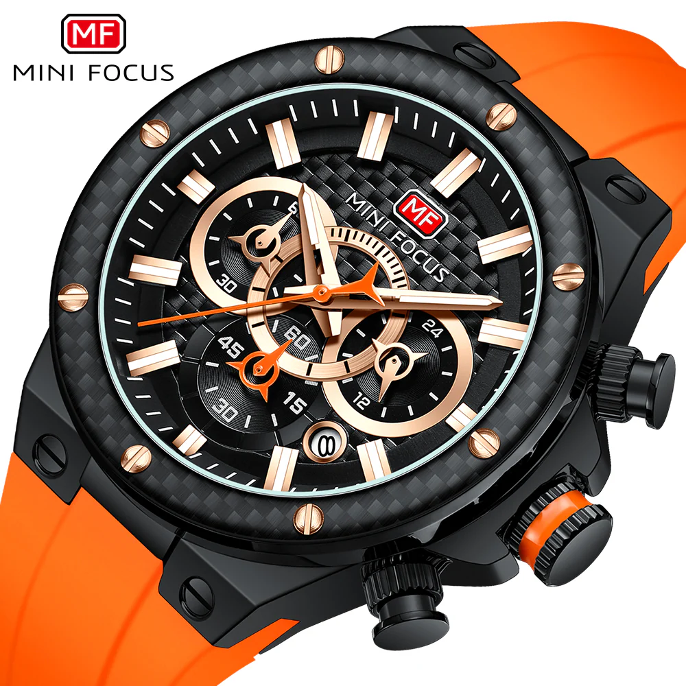 Mini Focus Orange Silicone Strap Black Dial Chronograh Quartz Watch for Gents - MF0468G-02 - Image 3