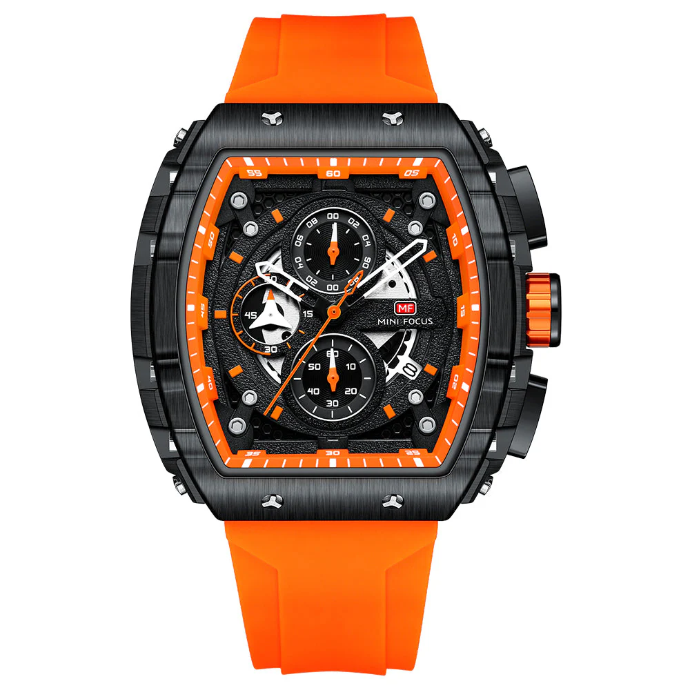 Mini Focus Orange Silicone Strap Black Dial Chronograph Quartz Watch for Gents - MF0399G-01