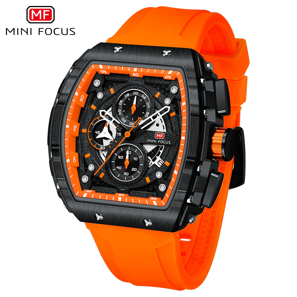 Mini Focus Orange Silicone Strap Black Dial Chronograph Quartz Watch for Gents - MF0399G-01 - Image 2