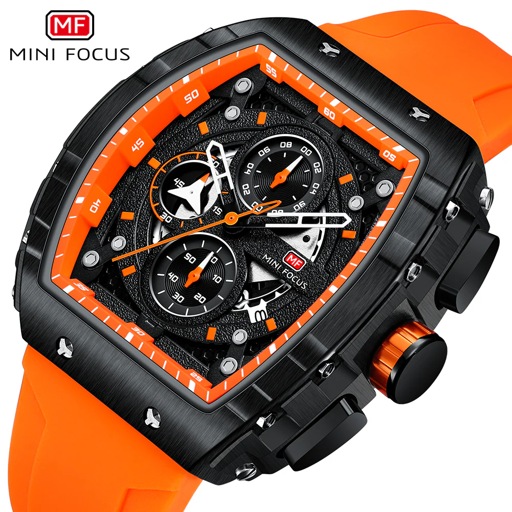 Mini Focus Orange Silicone Strap Black Dial Chronograph Quartz Watch for Gents - MF0399G-01 - Image 3