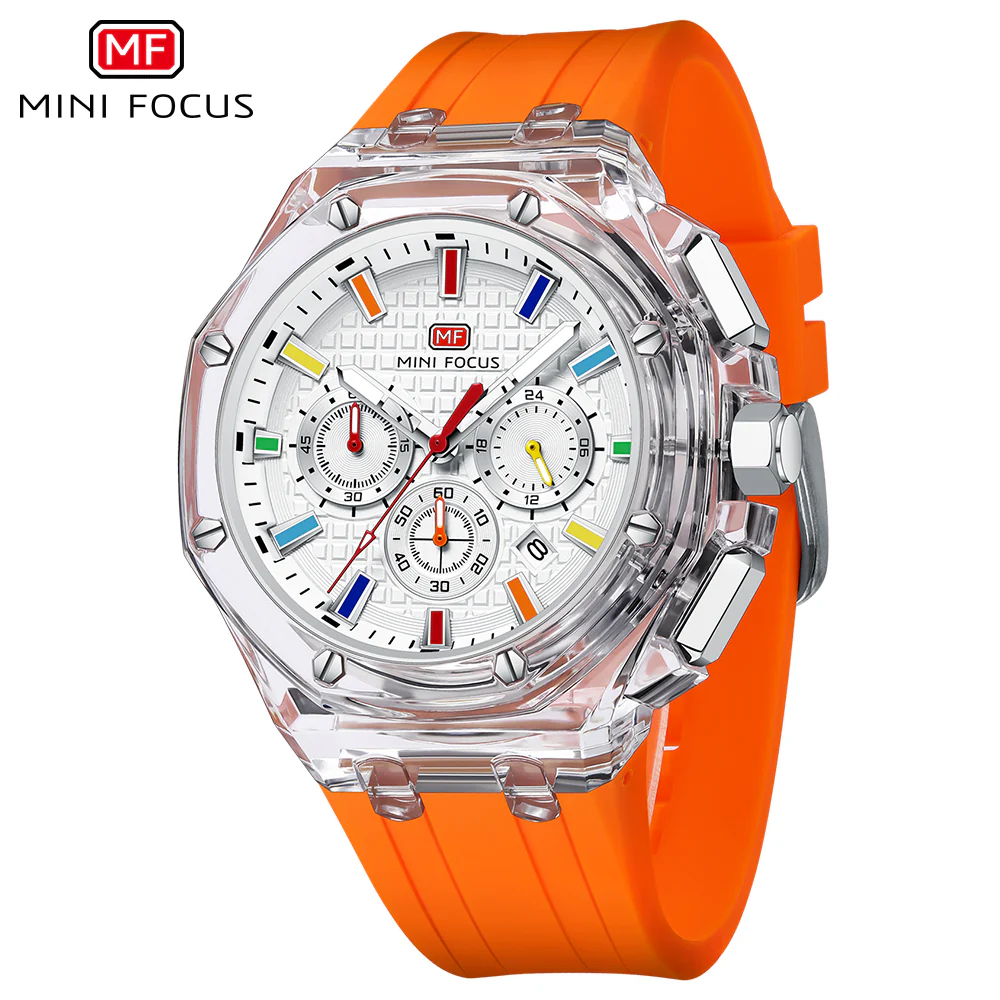 Mini Focus Orange Silicone Strap White Dial Quartz Watch for Gents - MF0616G-05 - Image 2