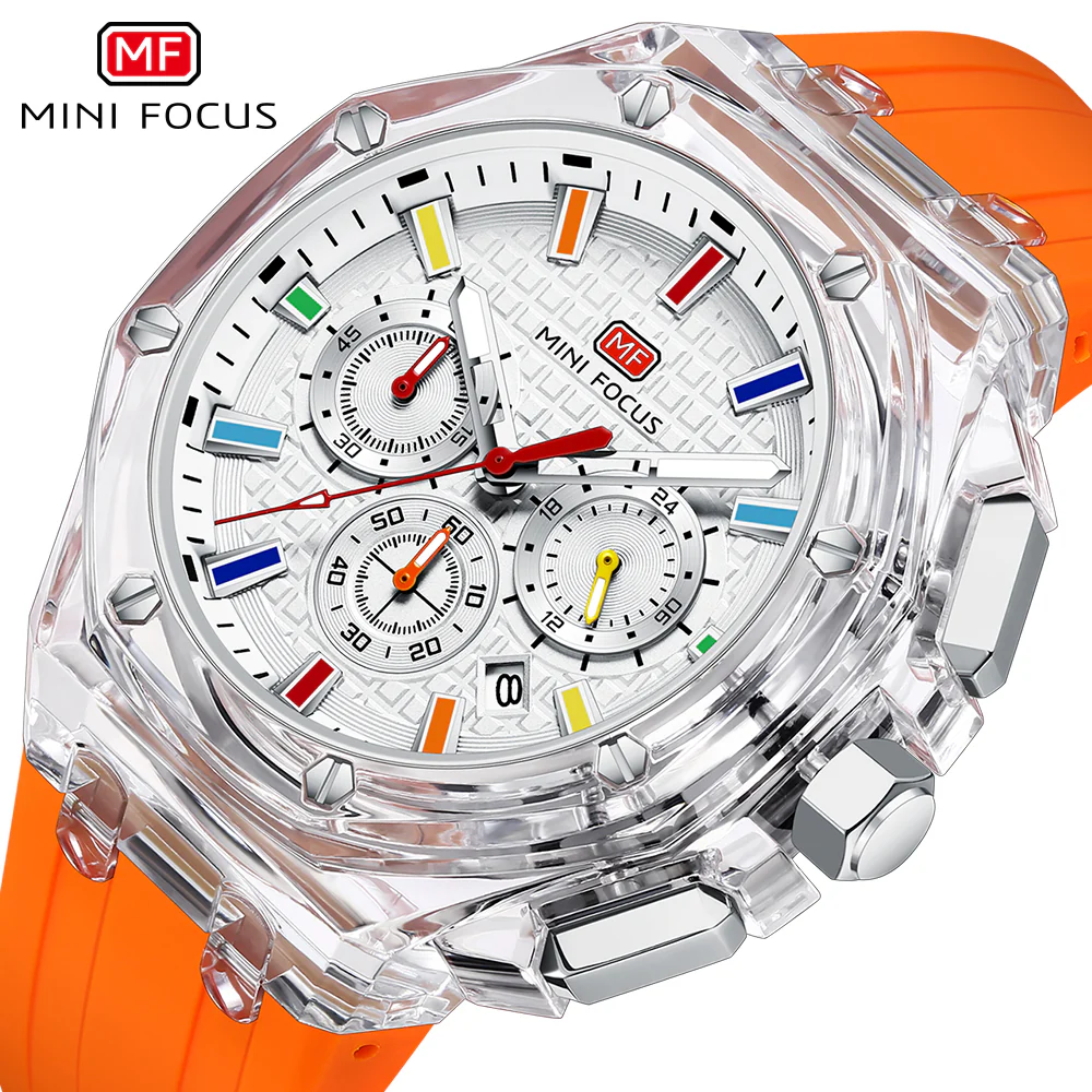 Mini Focus Orange Silicone Strap White Dial Quartz Watch for Gents - MF0616G-05 - Image 3