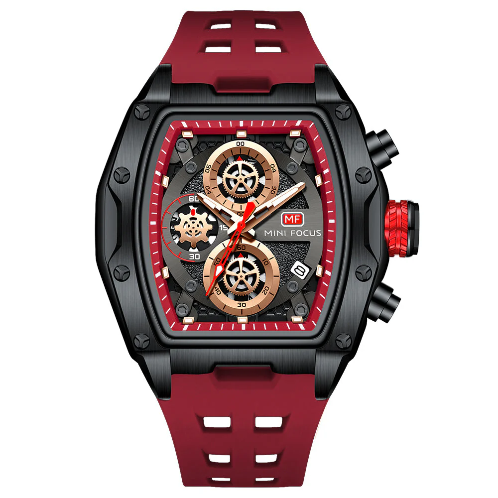 Mini Focus Red Silicone Strap Black Dial Chronograph Quartz Watch for Gents - MF0473G-04