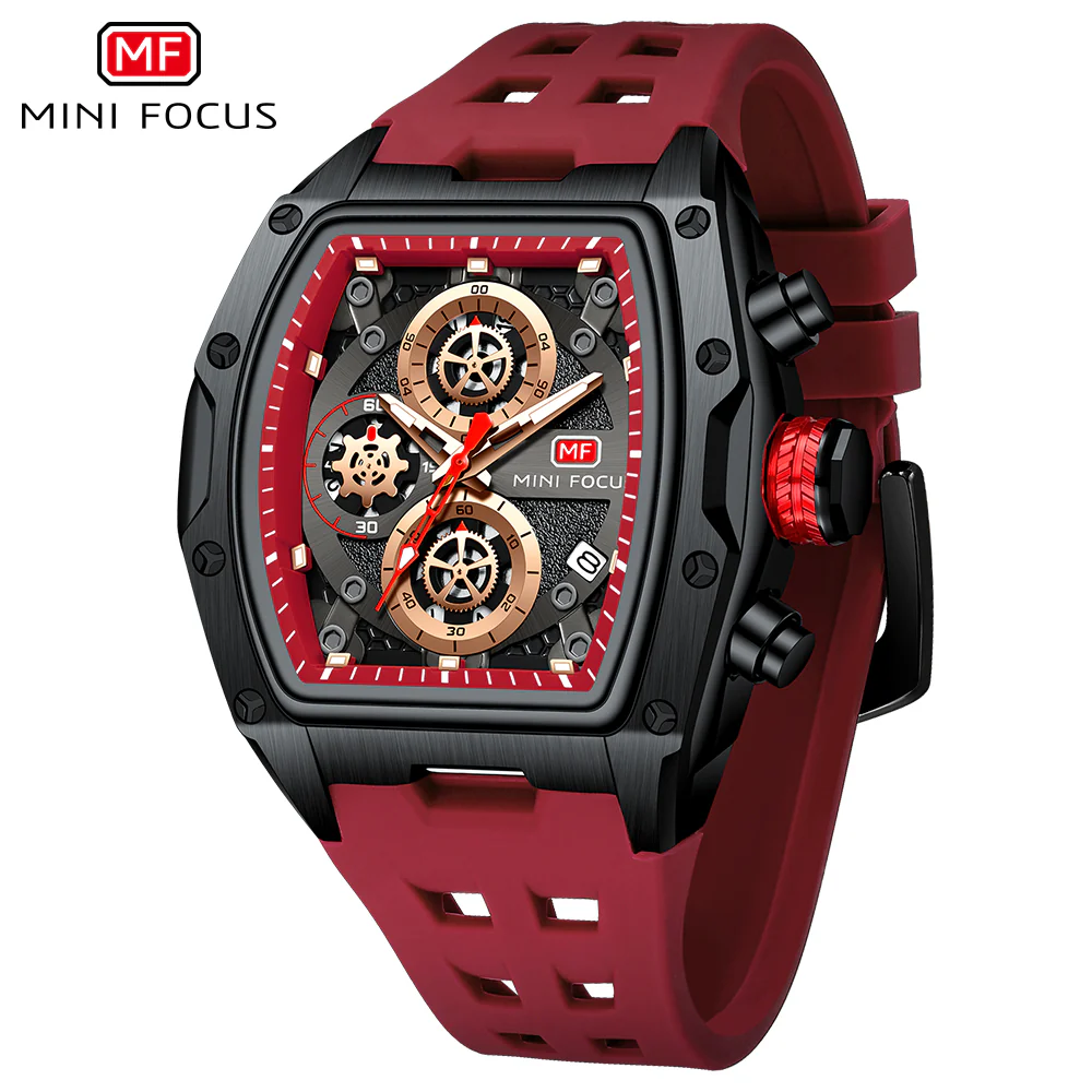 Mini Focus Red Silicone Strap Black Dial Chronograph Quartz Watch for Gents - MF0473G-04 - Image 2