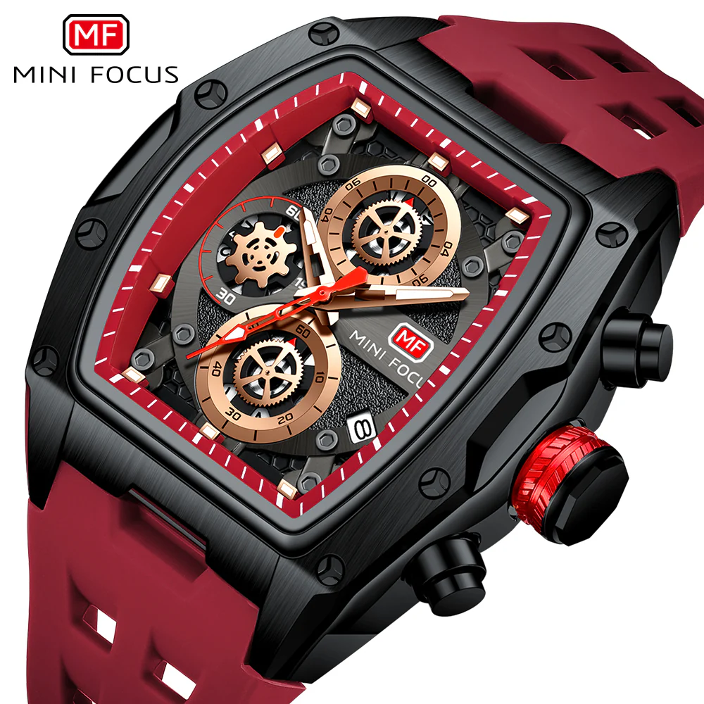 Mini Focus Red Silicone Strap Black Dial Chronograph Quartz Watch for Gents - MF0473G-04 - Image 3