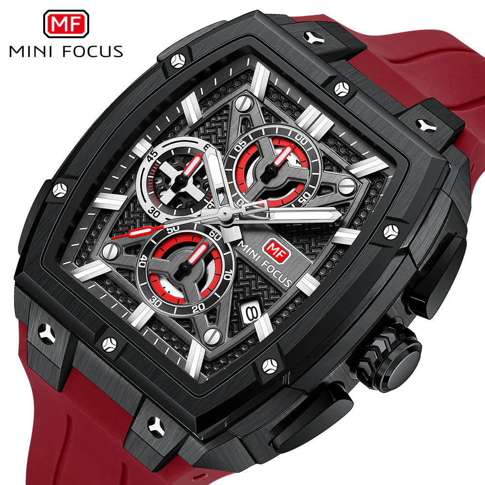 Mini Focus Red Silicone Strap Black Dial Chronograph Quartz Watch for Gents - MF0602G-04 - Image 3