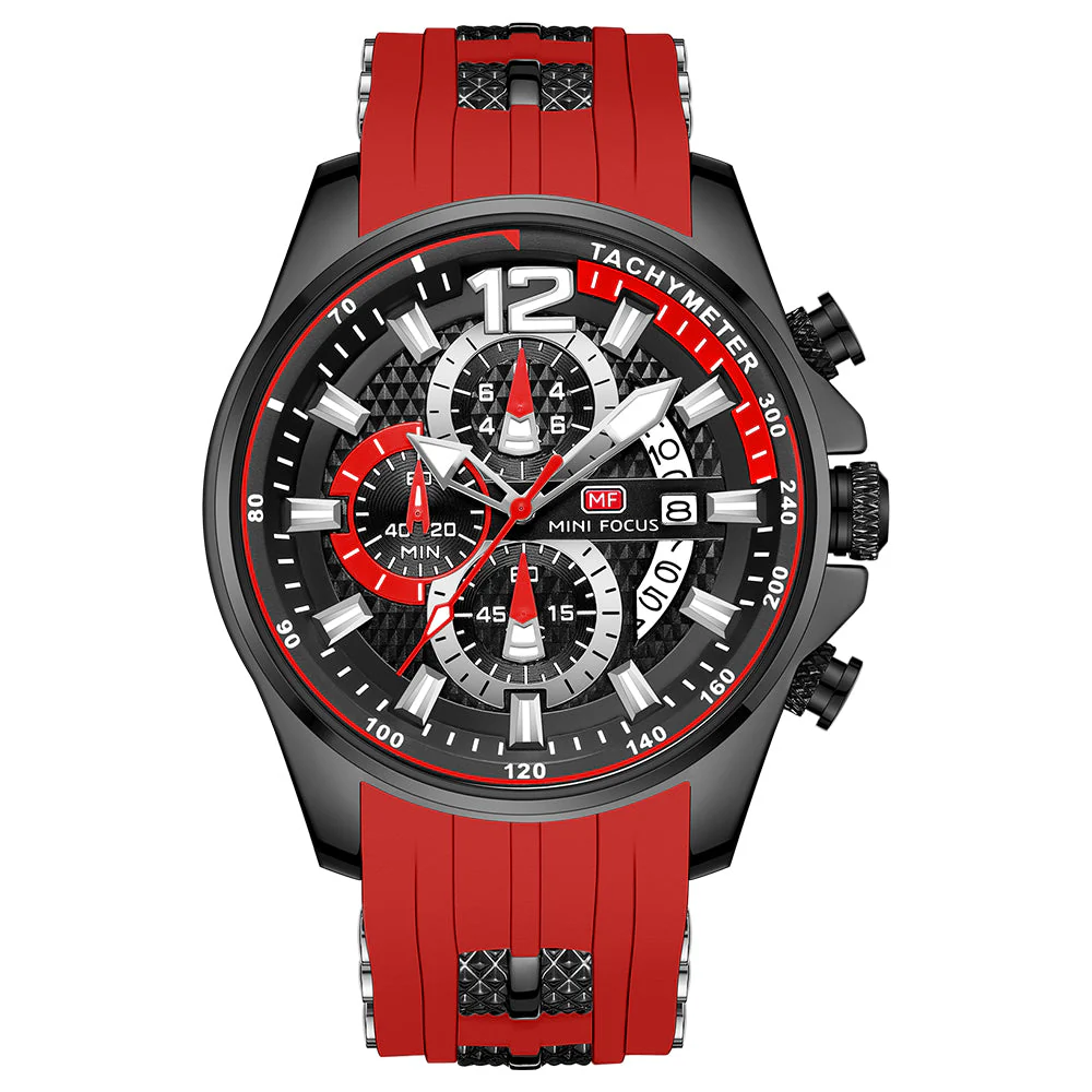 Mini Focus Red Silicone Strap Strap Black Dial Chronograph Quartz Watch for Gents - MF0350G-04