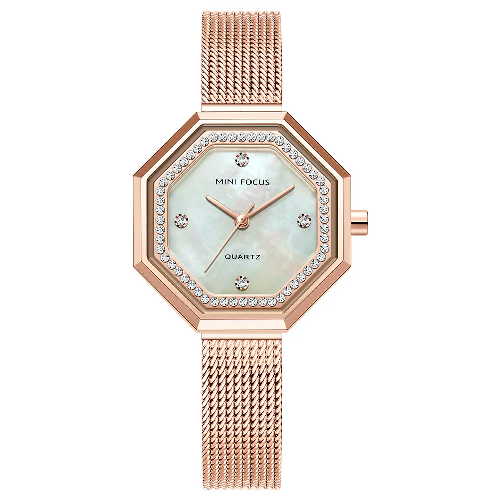 Mini Focus Rose Gold Mesh Bracelet Mother Of Pearl Dial Quartz Watch for Ladies - MF0304L-03