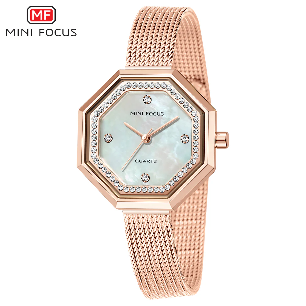 Mini Focus Rose Gold Mesh Bracelet Mother Of Pearl Dial Quartz Watch for Ladies - MF0304L-03 - Image 3
