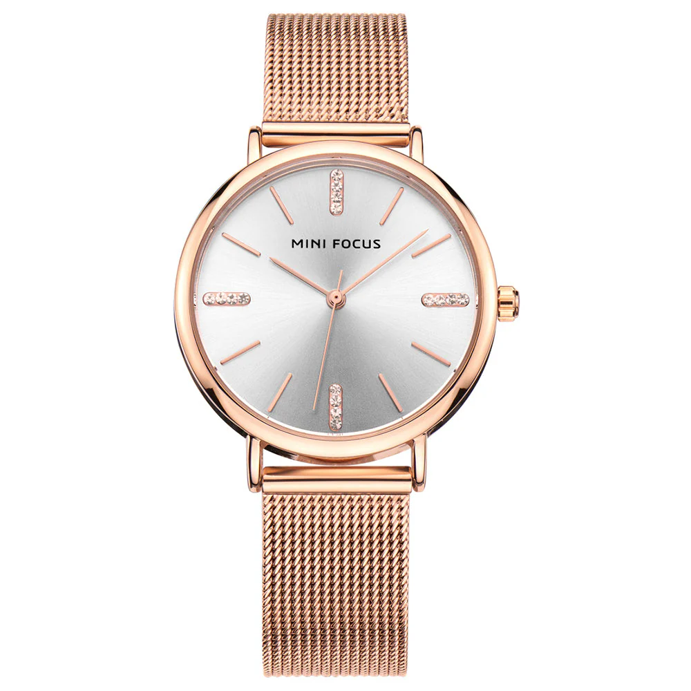 Mini Focus Rose Gold Mesh Bracelet Silver Dial Quartz Watch for Ladies - MF0036L- 04