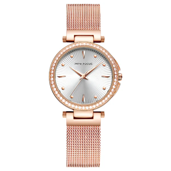 Mini Focus Rose Gold Mesh Bracelet Silver Dial Quartz Watch for Ladies - MF0194L-04