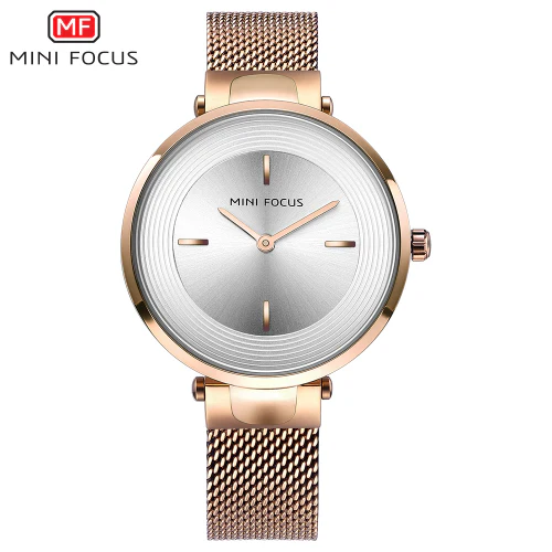 Mini Focus Rose Gold Mesh Bracelet Silver Dial Quartz Watch for Ladies - MF0195L-02