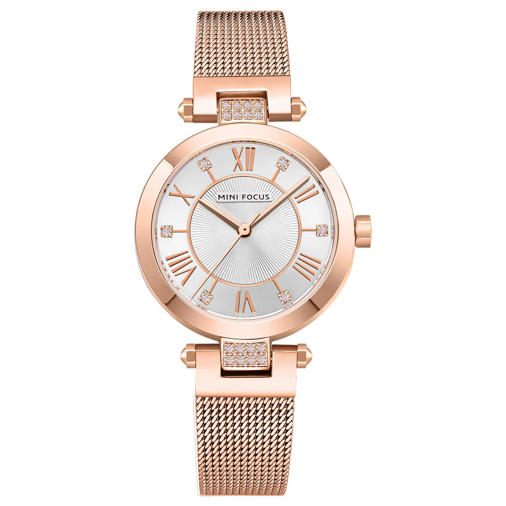 Mini Focus Rose Gold Mesh Bracelet Silver Dial Quartz Watch for Ladies - MF0215L-05