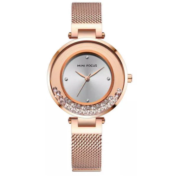 Mini Focus Rose Gold Mesh Bracelet Silver Dial Quartz Watch for Ladies - MF0254L-02