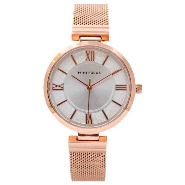 Mini Focus Rose Gold Mesh Bracelet Silver Dial Quartz Watch for Ladies - MF0272L-01