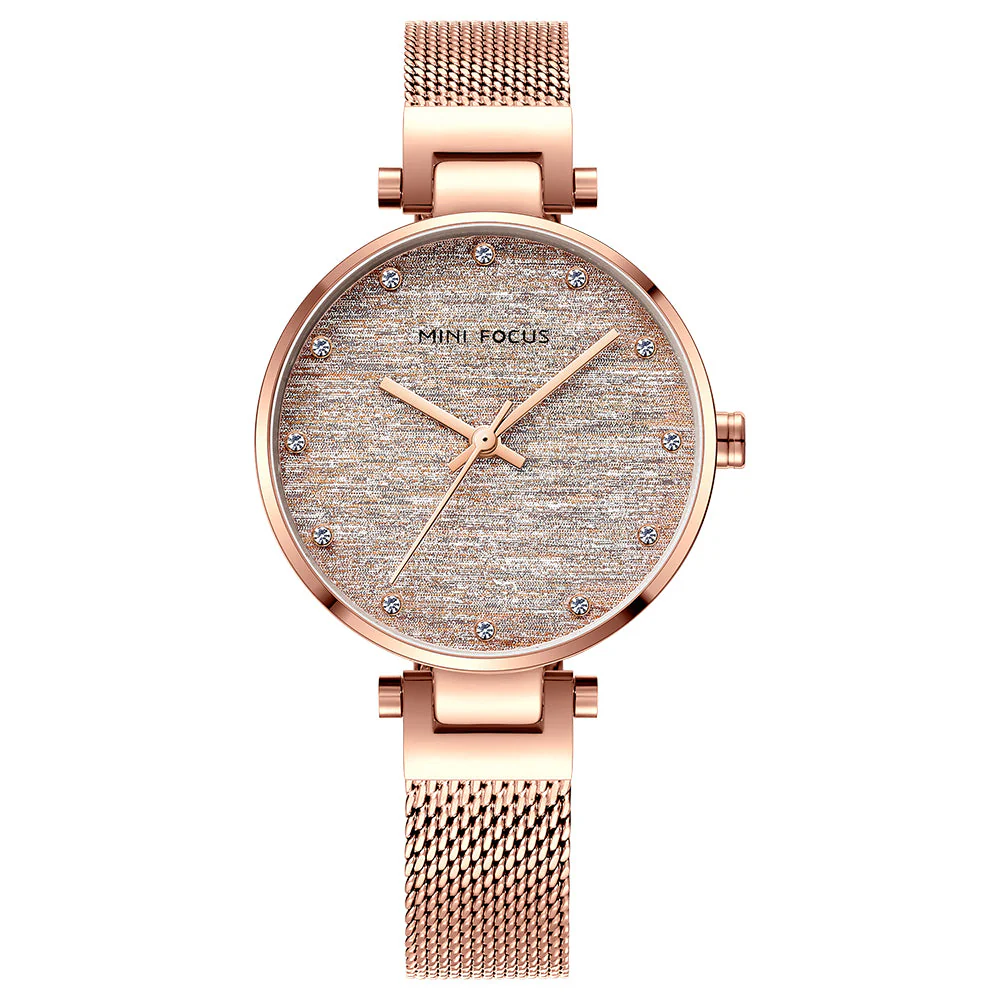 Mini Focus Rose Gold Mesh Bracelet Silver Dial Quartz Watch for Ladies - MF0328L-03