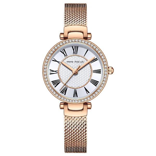 Mini Focus Rose Gold Mesh Bracelet Silver Dial Quartz Watch for Ladies - MF0424L-03