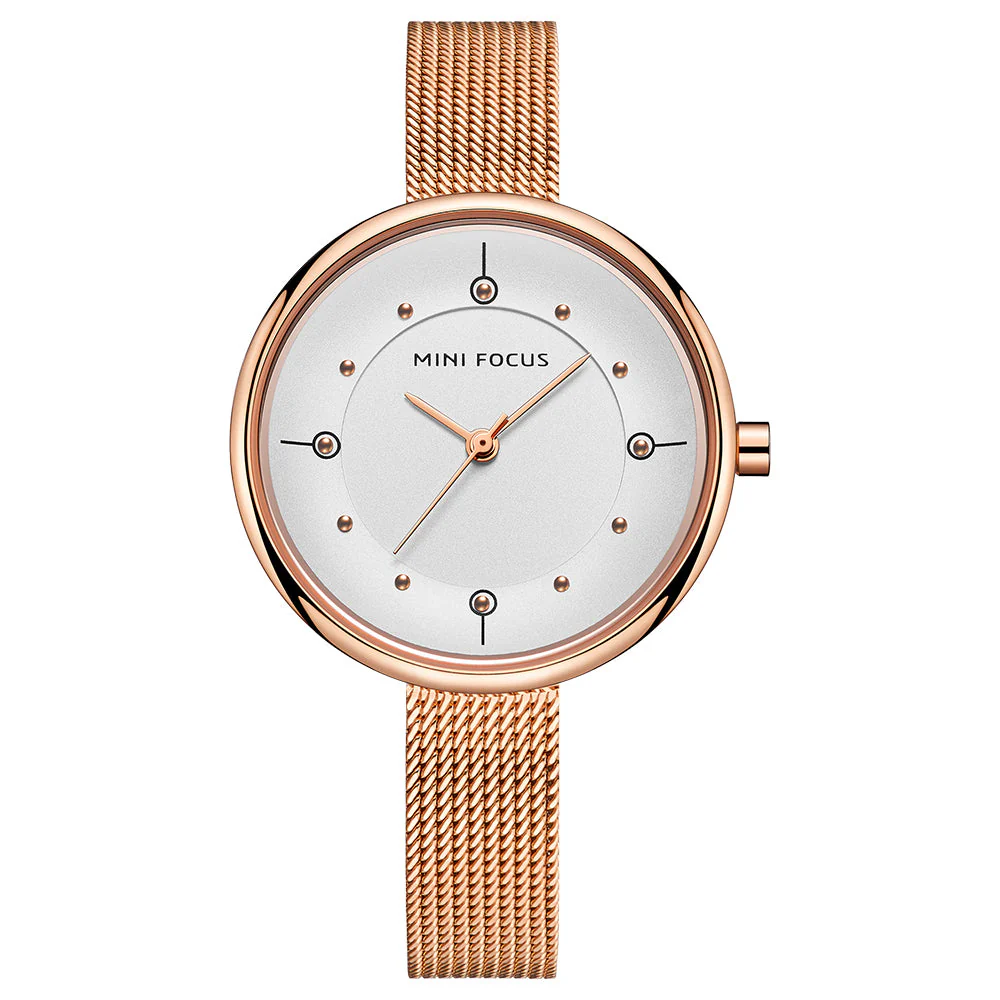 Mini Focus Rose Gold Mesh Bracelet White Dial Quartz Watch for Ladies - MF0274L-01