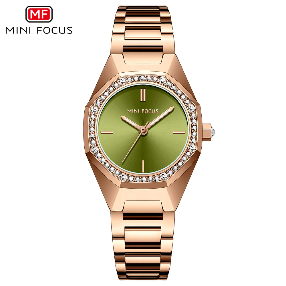 Mini Focus Rose Gold Stainless Steel Green Dial Quartz Watch for Ladies - MF0433L-04