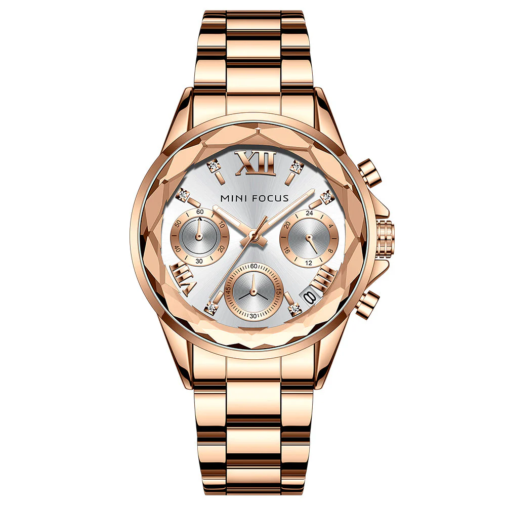 Mini Focus Rose Gold Stainless Steel Silver Dial Chronograh Quartz Watch for Ladies - MF0466L-03