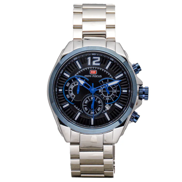 Mini Focus Silver Leather Strap Blue Dial Chronograph Quartz Watch for Gents - MF0104G-02