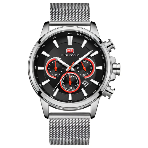 Mini Focus Silver Mesh Bracelet Black Dial Chronograph Quartz Watch for Gents - MF0142G-01