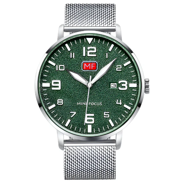 Mini Focus Silver Mesh Bracelet Green Dial Quartz Watch for Gents - MF0158G-07