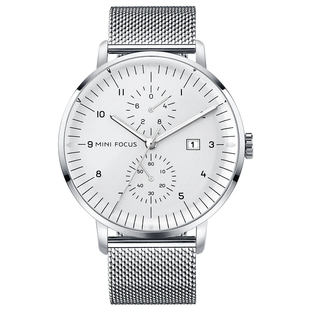 Mini Focus Silver Mesh Bracelet White Dial Quartz Watch for Gents - MF0052G-04