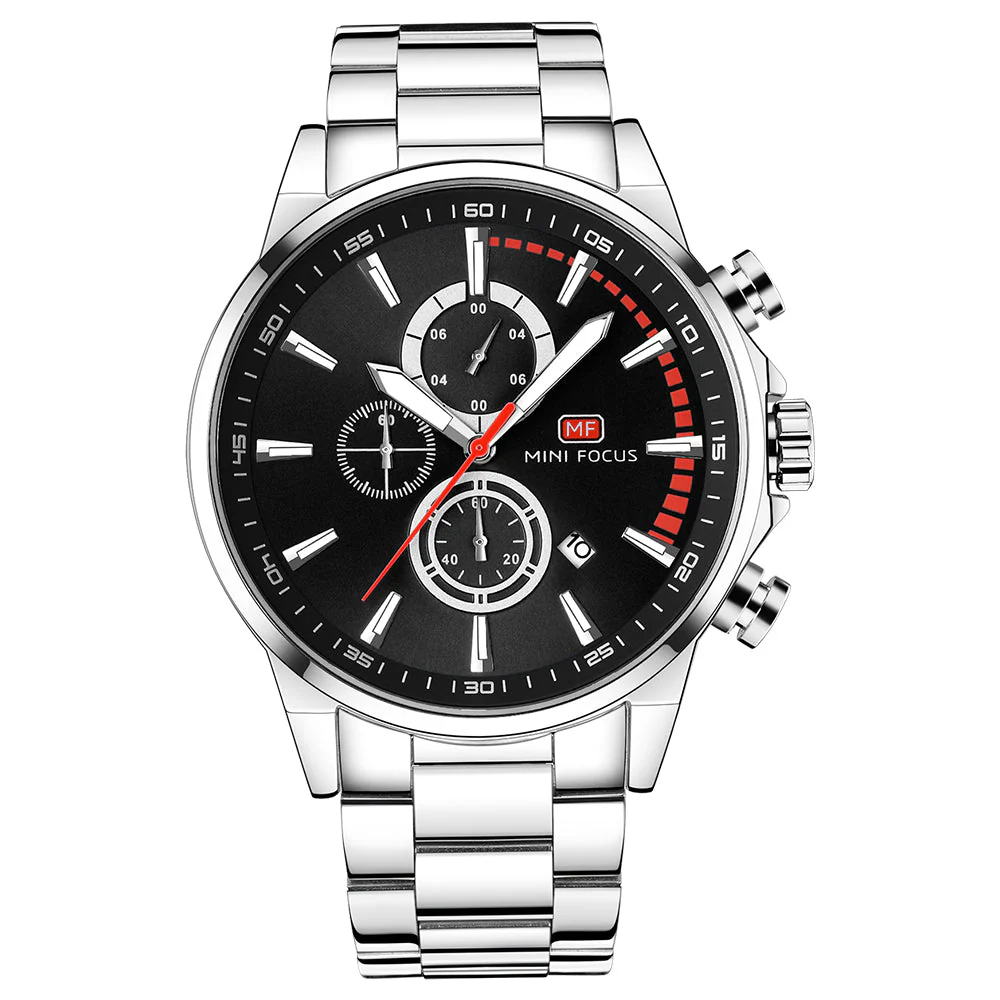 Mini Focus Silver Stainless Steel Black Dial Chronograph Quartz Watch for Gents - MF0085G-02