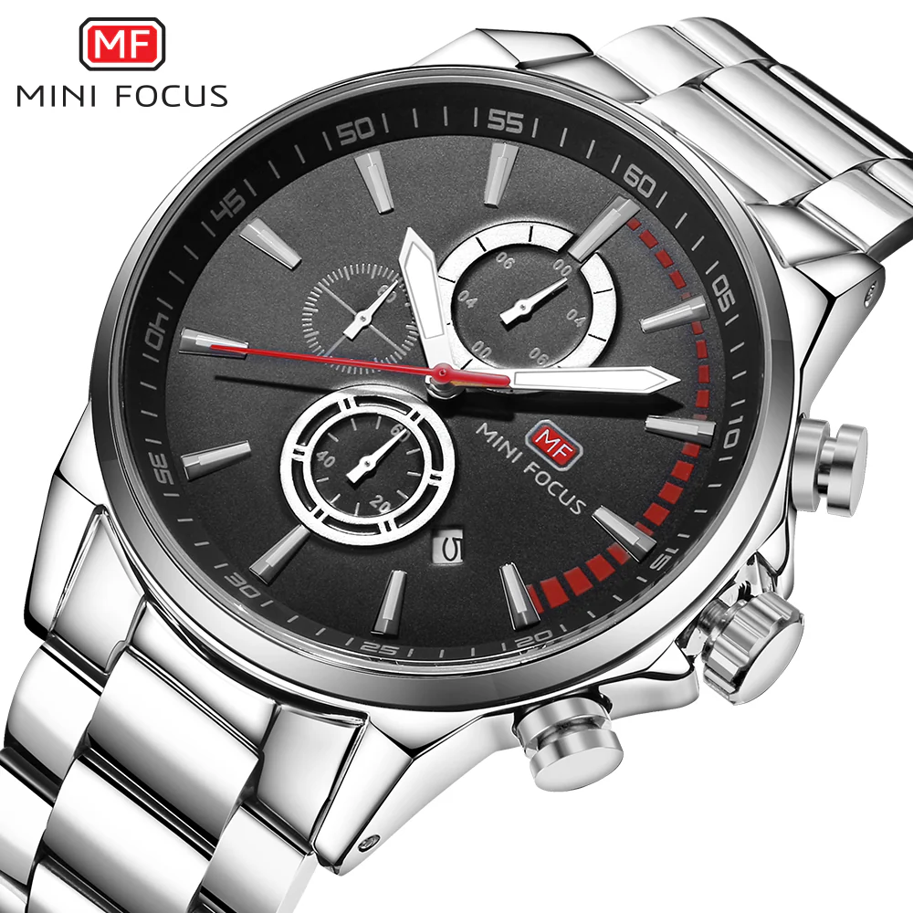 Mini Focus Silver Stainless Steel Black Dial Chronograph Quartz Watch for Gents - MF0085G-02 - Image 2