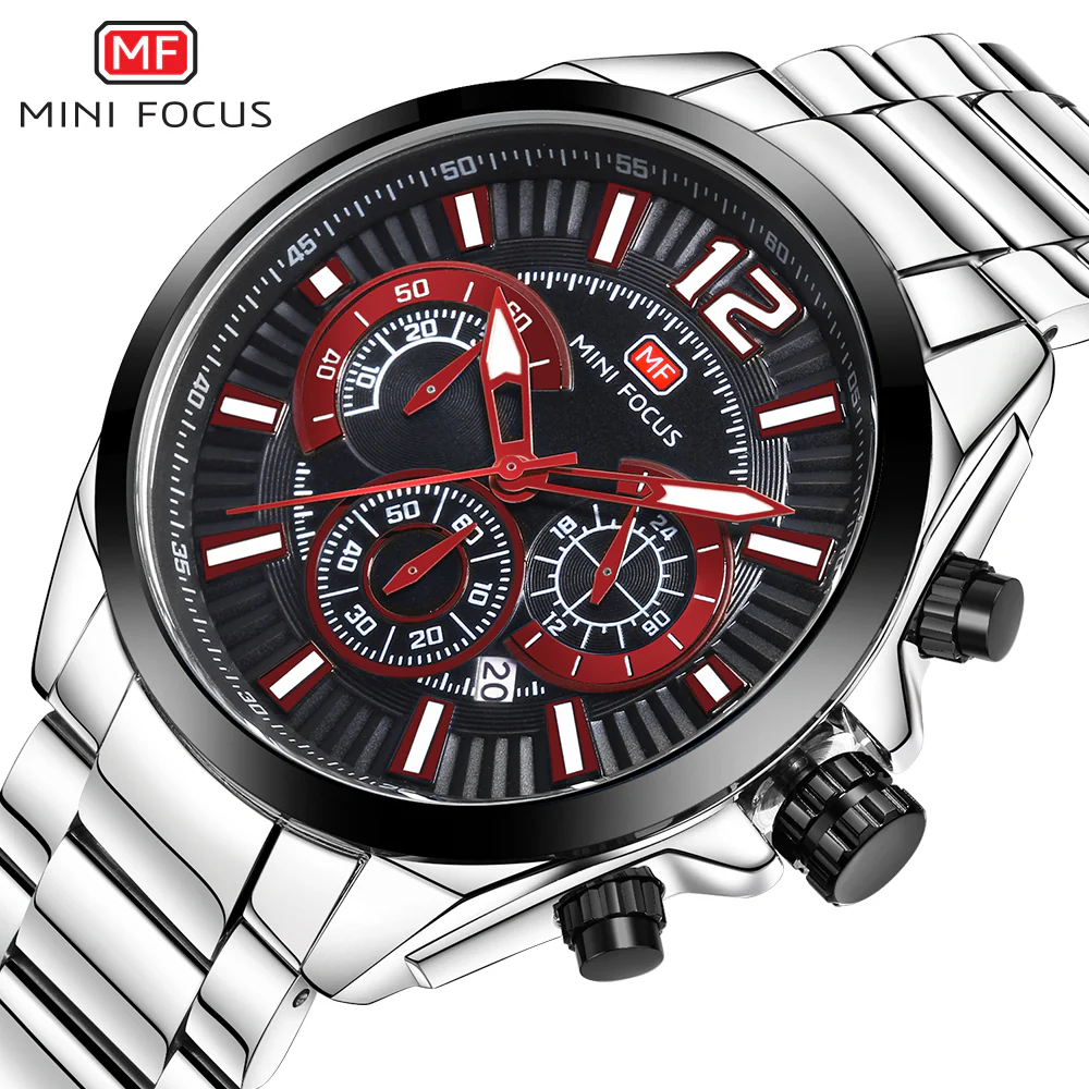 Mini Focus Silver Stainless Steel Black Dial Chronograph Quartz Watch for Gents - MF0104G-01 - Image 2