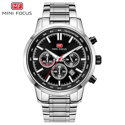 Mini Focus Silver Stainless Steel Black Dial Chronograph Quartz Watch for Gents - MF0133G-03