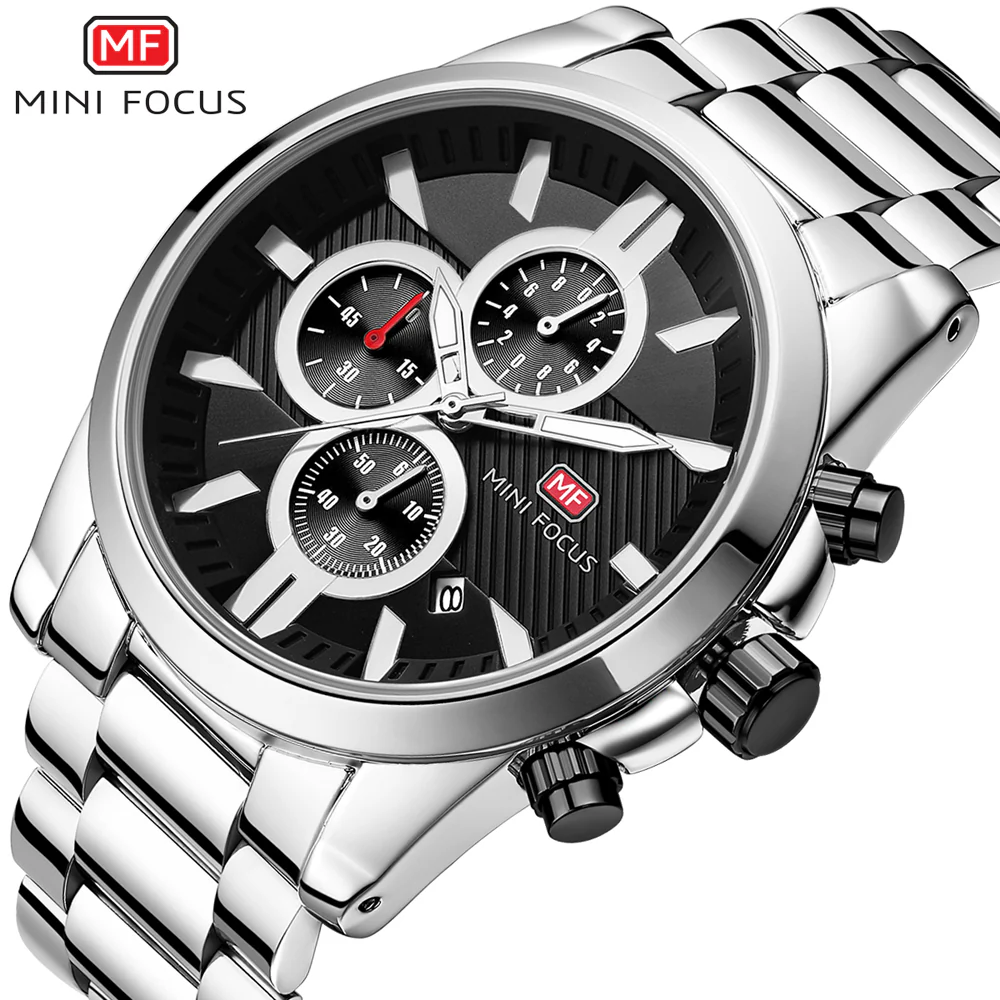Mini Focus Silver Stainless Steel Black Dial Chronograph Quartz Watch for Gents - MF0134G-03 - Image 2