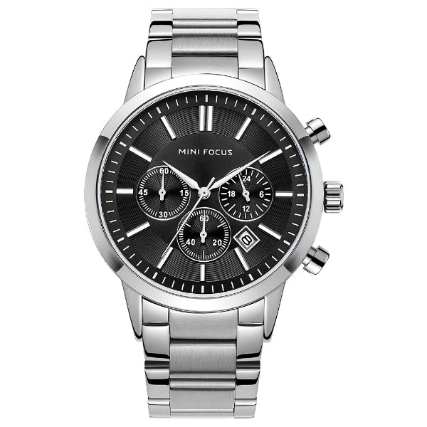 Mini Focus Silver Stainless Steel Black Dial Chronograph Quartz Watch for Gents - MF0188G-03