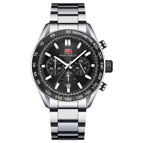 Mini Focus Silver Stainless Steel Black Dial Chronograph Quartz Watch for Gents - MF0403G-05