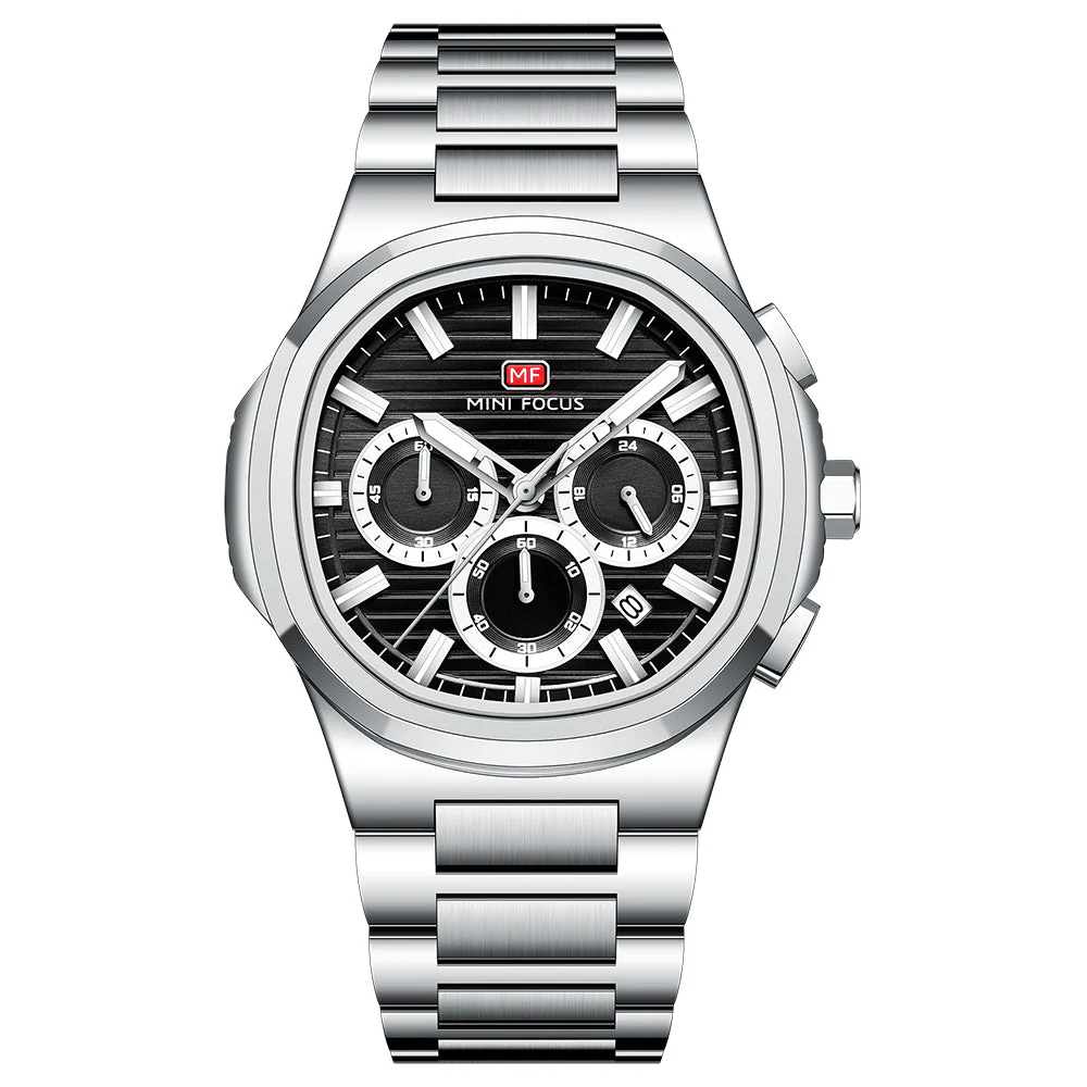 Mini Focus Silver Stainless Steel Black Dial Chronograph Quartz Watch for Gents - MF0610G-01
