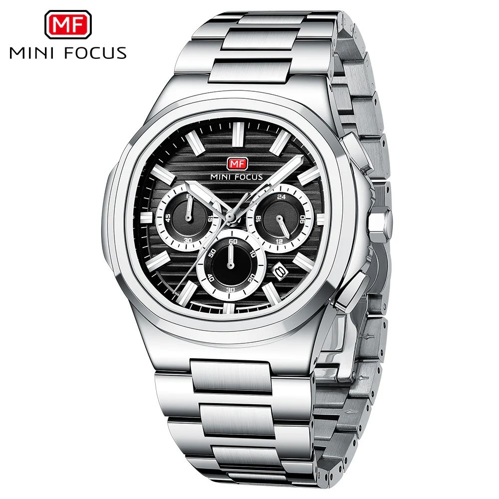 Mini Focus Silver Stainless Steel Black Dial Chronograph Quartz Watch for Gents - MF0610G-01 - Image 2