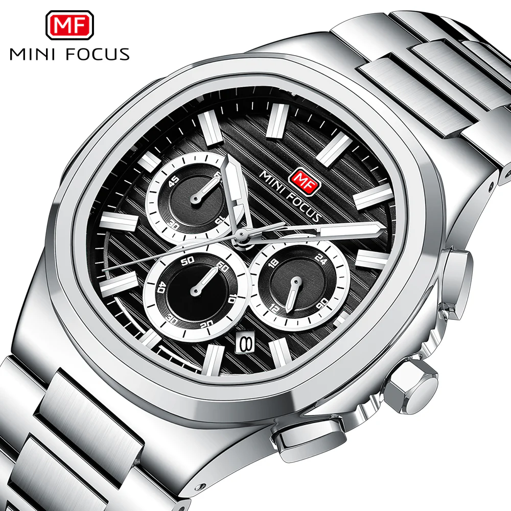 Mini Focus Silver Stainless Steel Black Dial Chronograph Quartz Watch for Gents - MF0610G-01 - Image 3