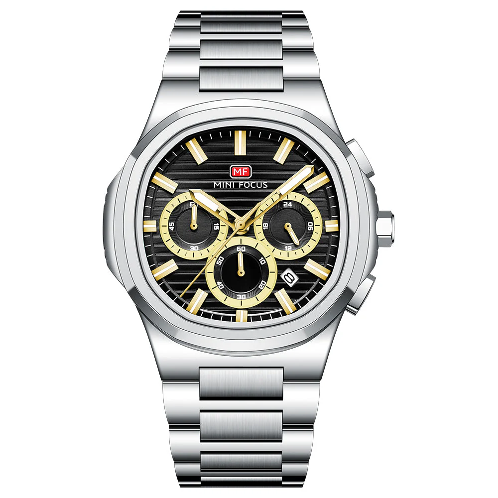 Mini Focus Silver Stainless Steel Black Dial Chronograph Quartz Watch for Gents - MF0610G-07