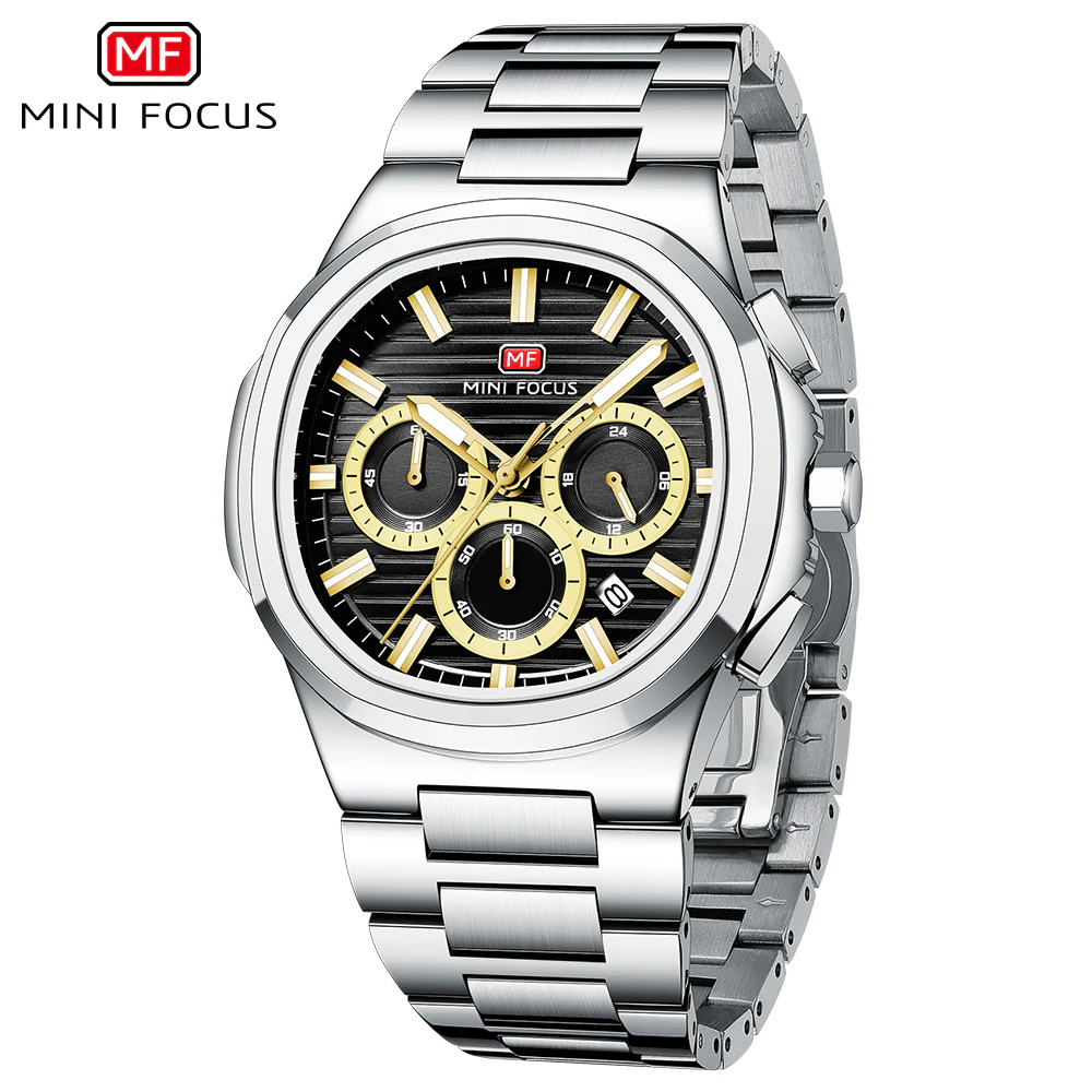 Mini Focus Silver Stainless Steel Black Dial Chronograph Quartz Watch for Gents - MF0610G-07 - Image 2