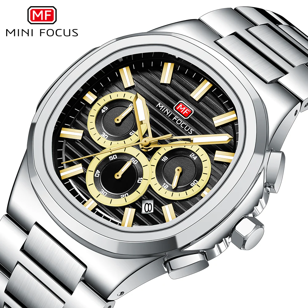 Mini Focus Silver Stainless Steel Black Dial Chronograph Quartz Watch for Gents - MF0610G-07 - Image 3