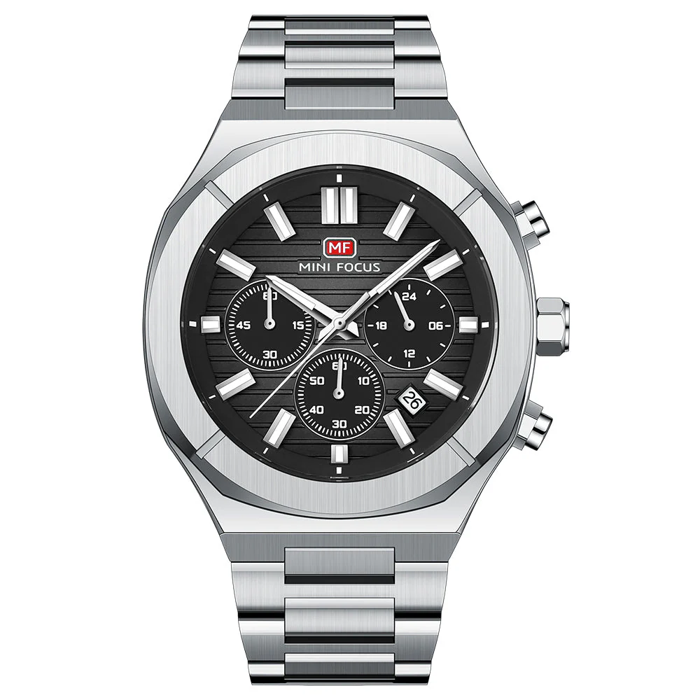 Mini Focus Silver Stainless Steel Black Dial Chronograph Quartz Watch for Gents - MF0612G-01
