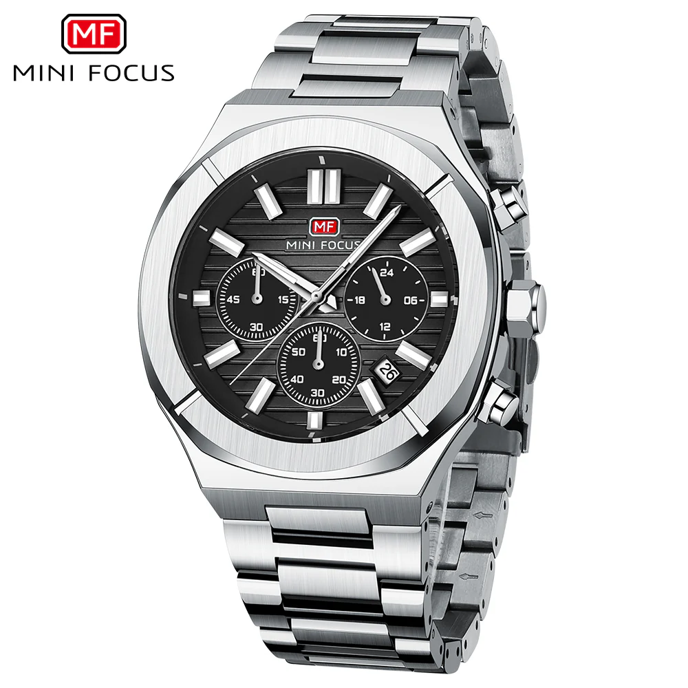 Mini Focus Silver Stainless Steel Black Dial Chronograph Quartz Watch for Gents - MF0612G-01 - Image 2