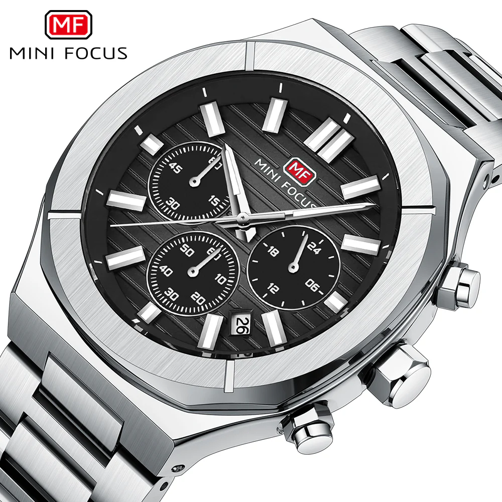 Mini Focus Silver Stainless Steel Black Dial Chronograph Quartz Watch for Gents - MF0612G-01 - Image 3