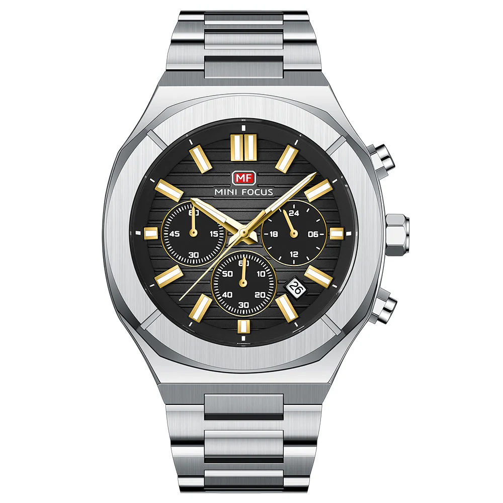 Mini Focus Silver Stainless Steel Black Dial Chronograph Quartz Watch for Gents - MF0612G-04